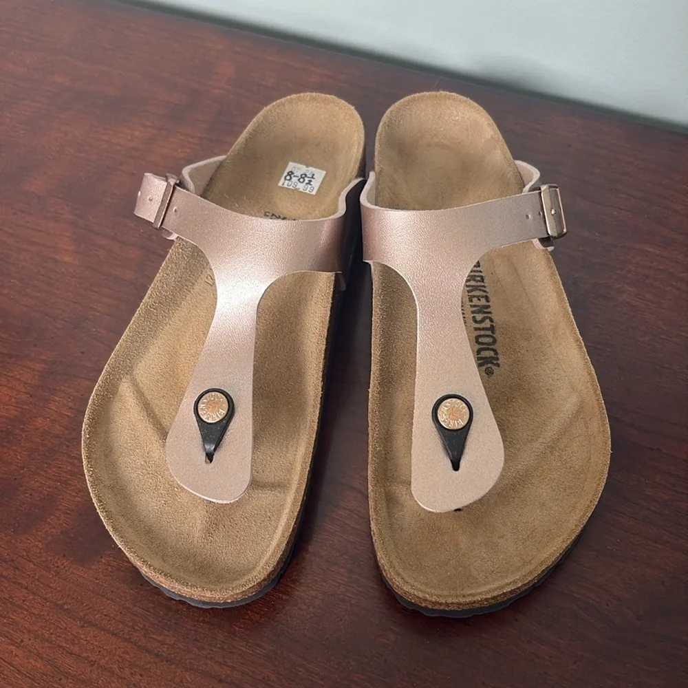 Birkenstock Dusty Rose Gold Gizeh Sandals with Adjustable Straps and Cork Sole - Picture 2 of 6
